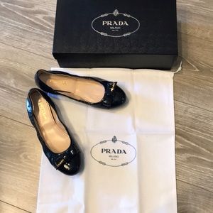 Prada Patent Leather Logo Bow Scrunch Ballet Flat